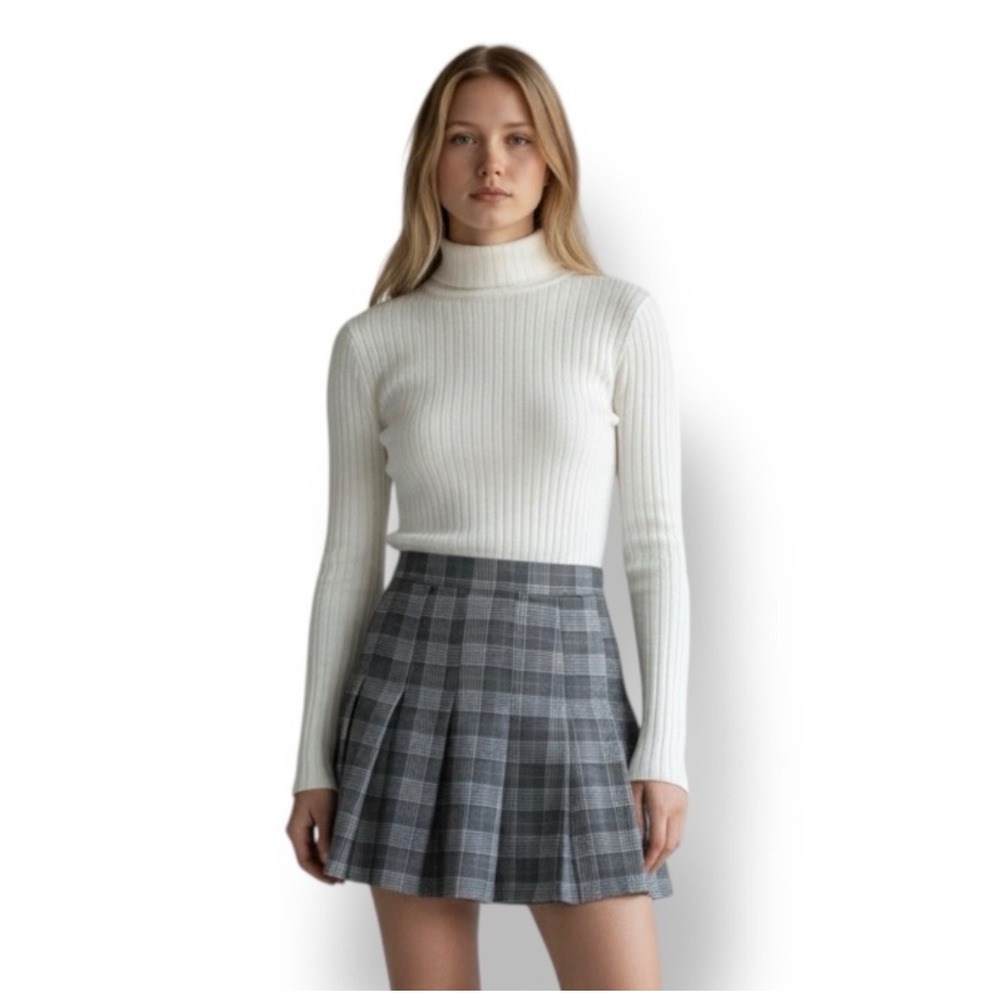(A10) Better Be Grey Plaid Pleated Mini Skirt Side Zip Size M S15737C